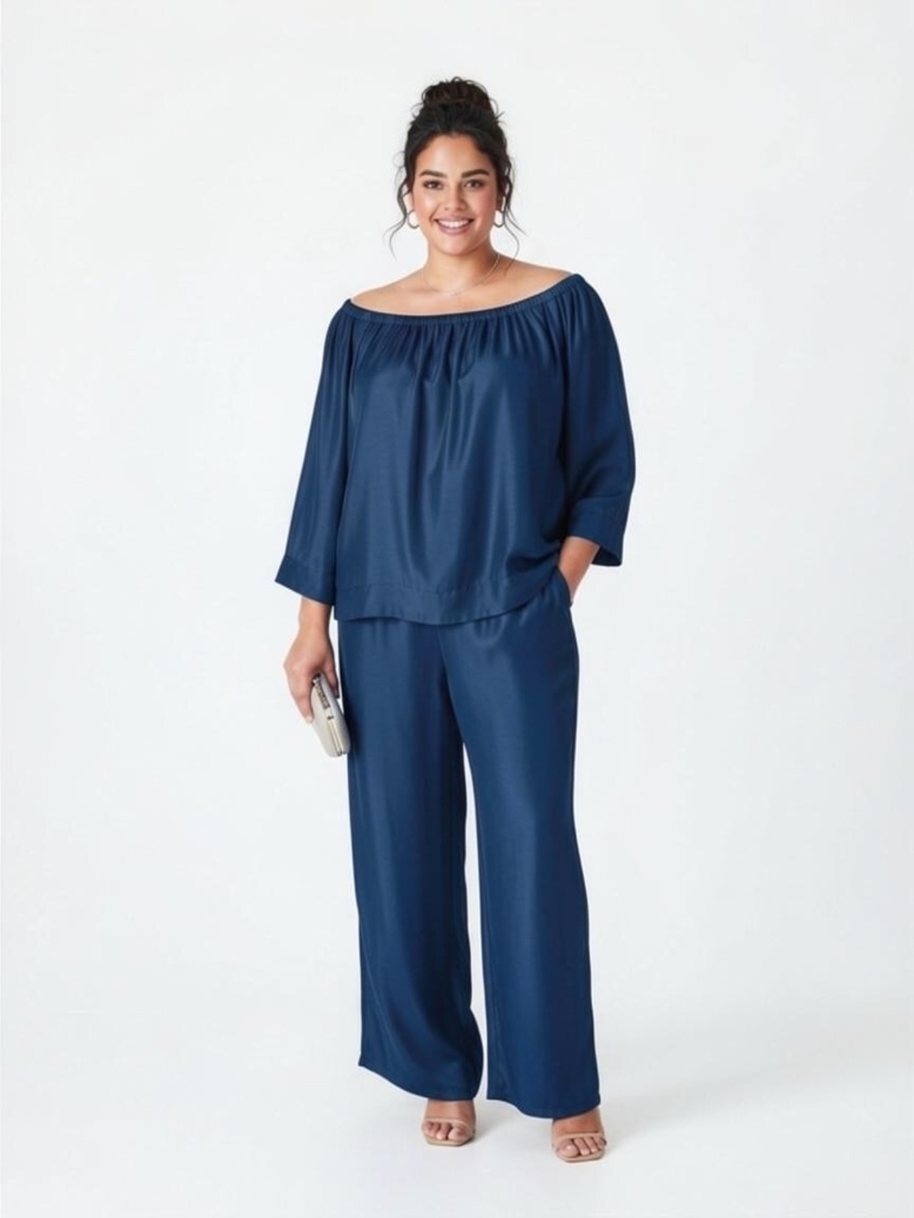 Plus-Size Shiny Navy Off-Shoulder Blouse & Wide-Leg Elastic Pants Size-XXL NEW